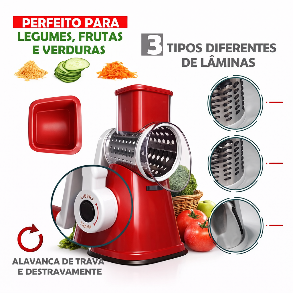 Ralador de manivela com 3 cilindros — detalhe do produto
